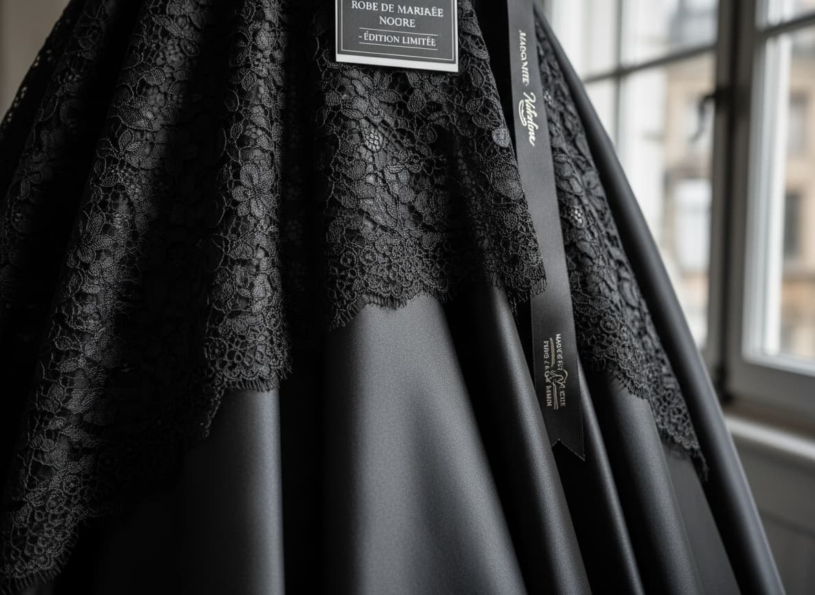 Gros plan sur les textures contrastées d'une tenue de mariage festive noire mêlant dentelle délicate, satin brillant et soie fluide sous une lumière naturelle.