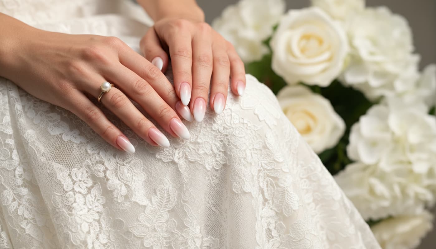 Des mains de mariée aux ongles amande en dégradé babyboomer reposent sur une robe en dentelle blanche avec une bague en perle.