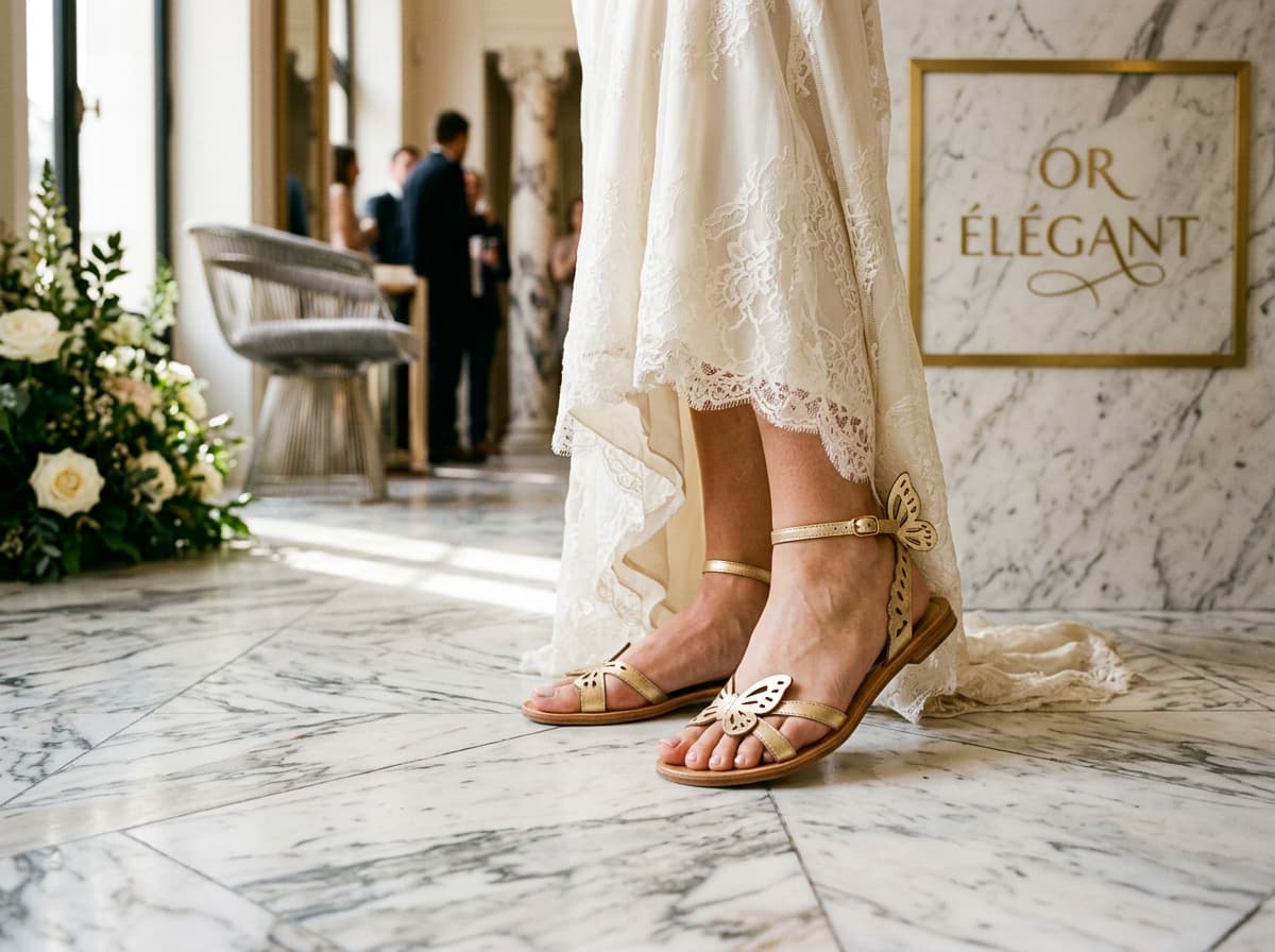Pieds d'une mariée chaussés de sandales dorées Anniel Butterfly en cuir souple, posés sur un sol en marbre dans un cadre de mariage urbain élégant, avec le texte 'OR ÉLÉGANT' visible.
