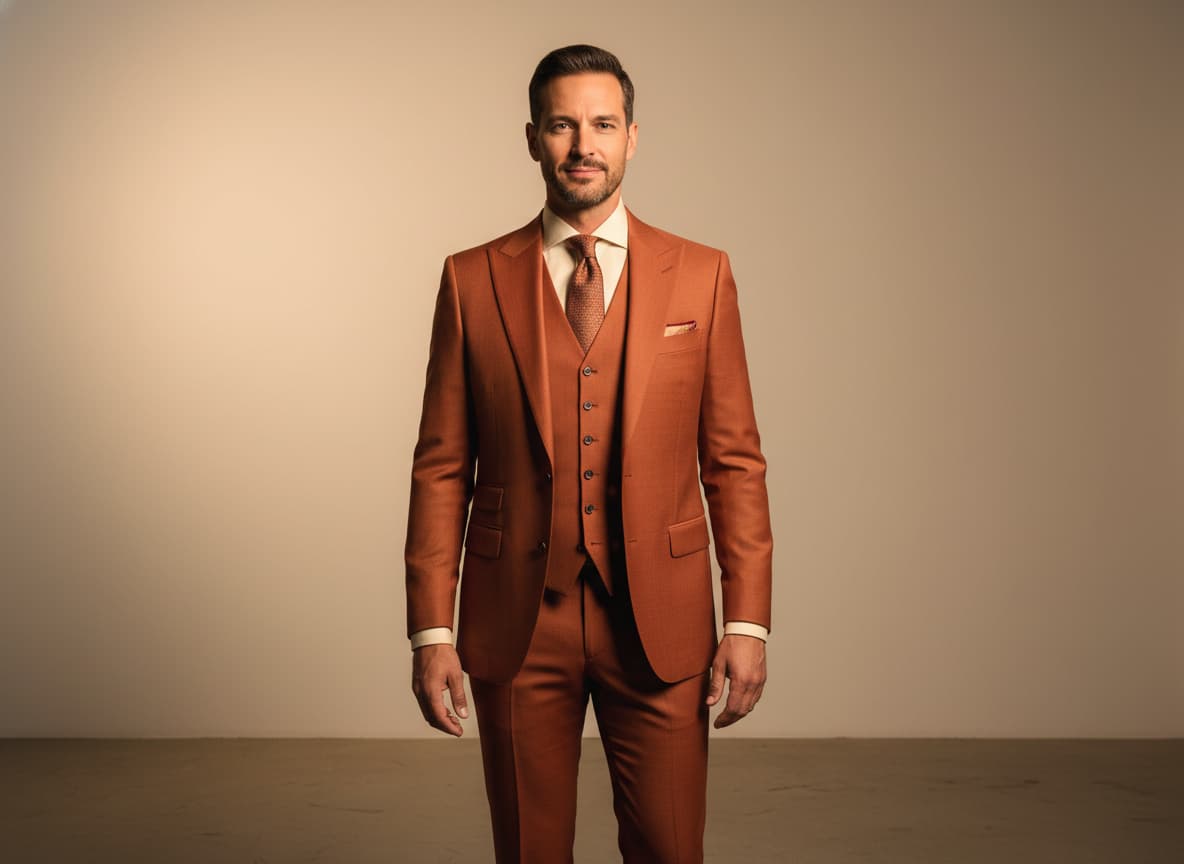 Homme en costume trois pièces terracotta, vue de face, fond de studio neutre et éclairage chaud.