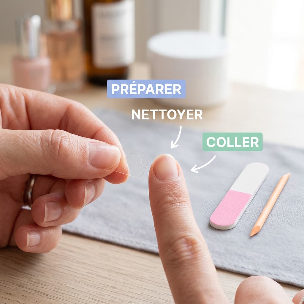 Gros plan d'une main appliquant un onglet adhésif sur un ongle entourée d'une lime et d'un bâtonnet avec les mentions pédagogiques PRÉPARER et COLLER.