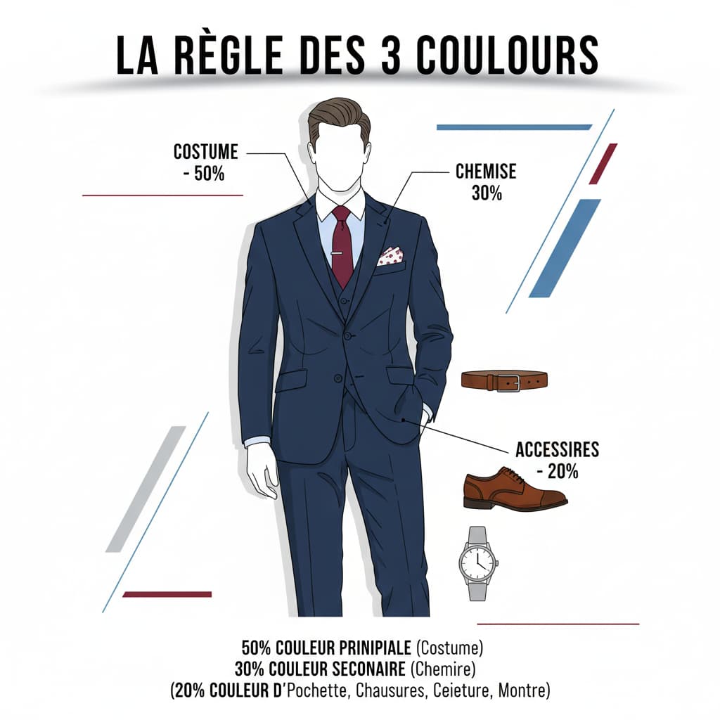 Diagramme d'un homme en costume avec pourcentages illustrant la répartition des trois couleurs vestimentaires.