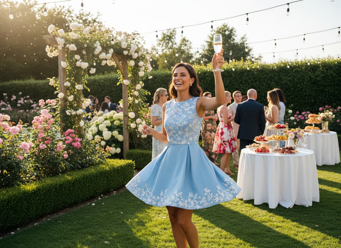 Femme souriante en mouvement portant une robe de cocktail trapèze bleu ciel brodée et tenant une coupe de champagne dans un jardin ensoleillé.