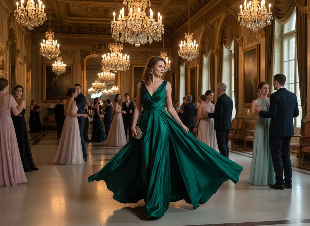 Une femme élégante portant une robe longue et fluide en soie vert émeraude déambule dans une salle de bal luxueuse aux lumières chaudes.