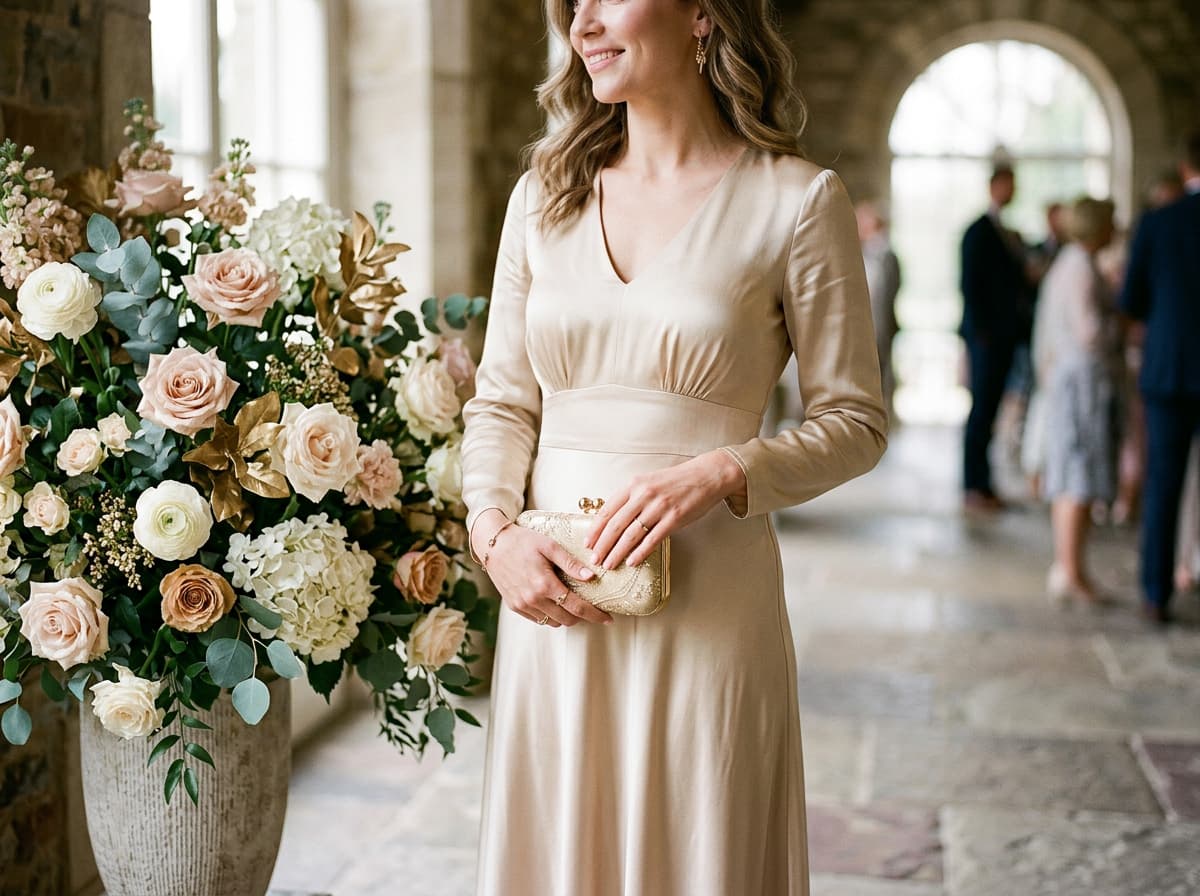 Une femme vêtue d'une robe midi en soie couleur champagne aux reflets satinés tient une petite pochette dorée près d'une composition florale élégante.