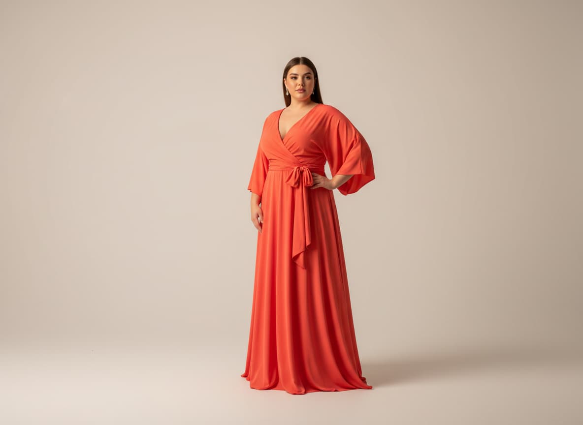 Femme à la silhouette pulpeuse posant en studio dans une robe portefeuille corail vif ajustée par un nœud à la taille sur fond neutre.