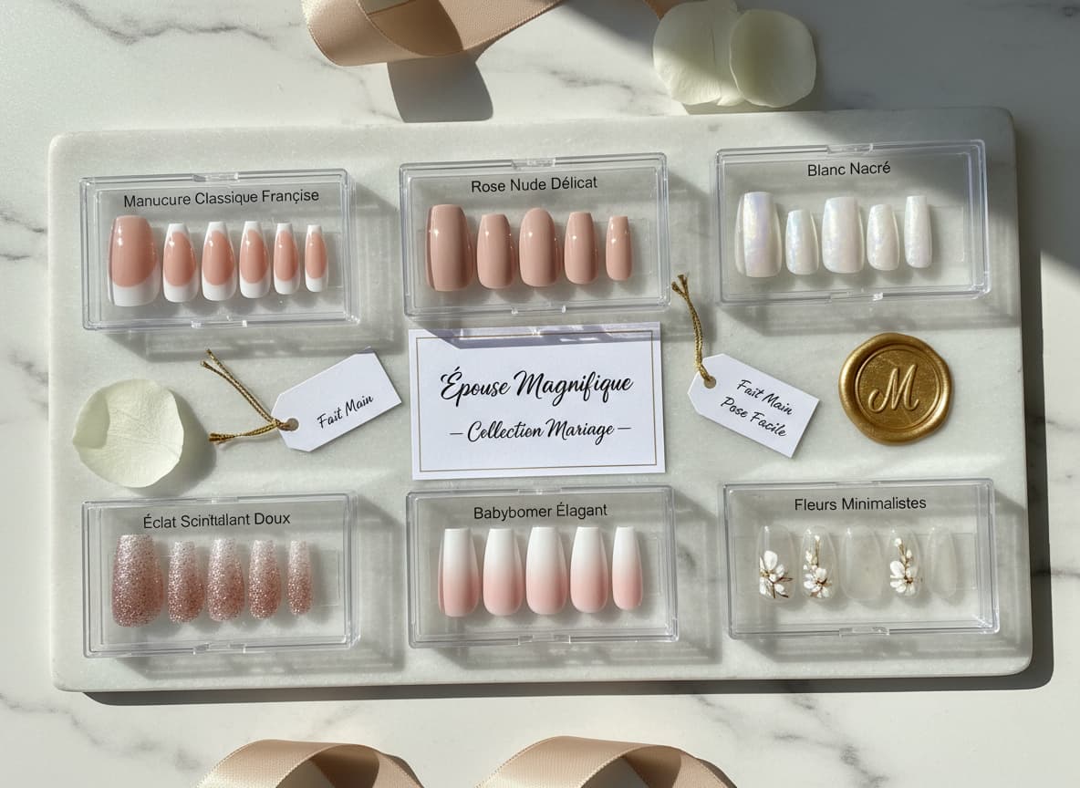 Six sets de faux ongles aux styles variés, allant du babyboomer au floral minimaliste, sont disposés artistiquement sur une surface propre en marbre blanc.