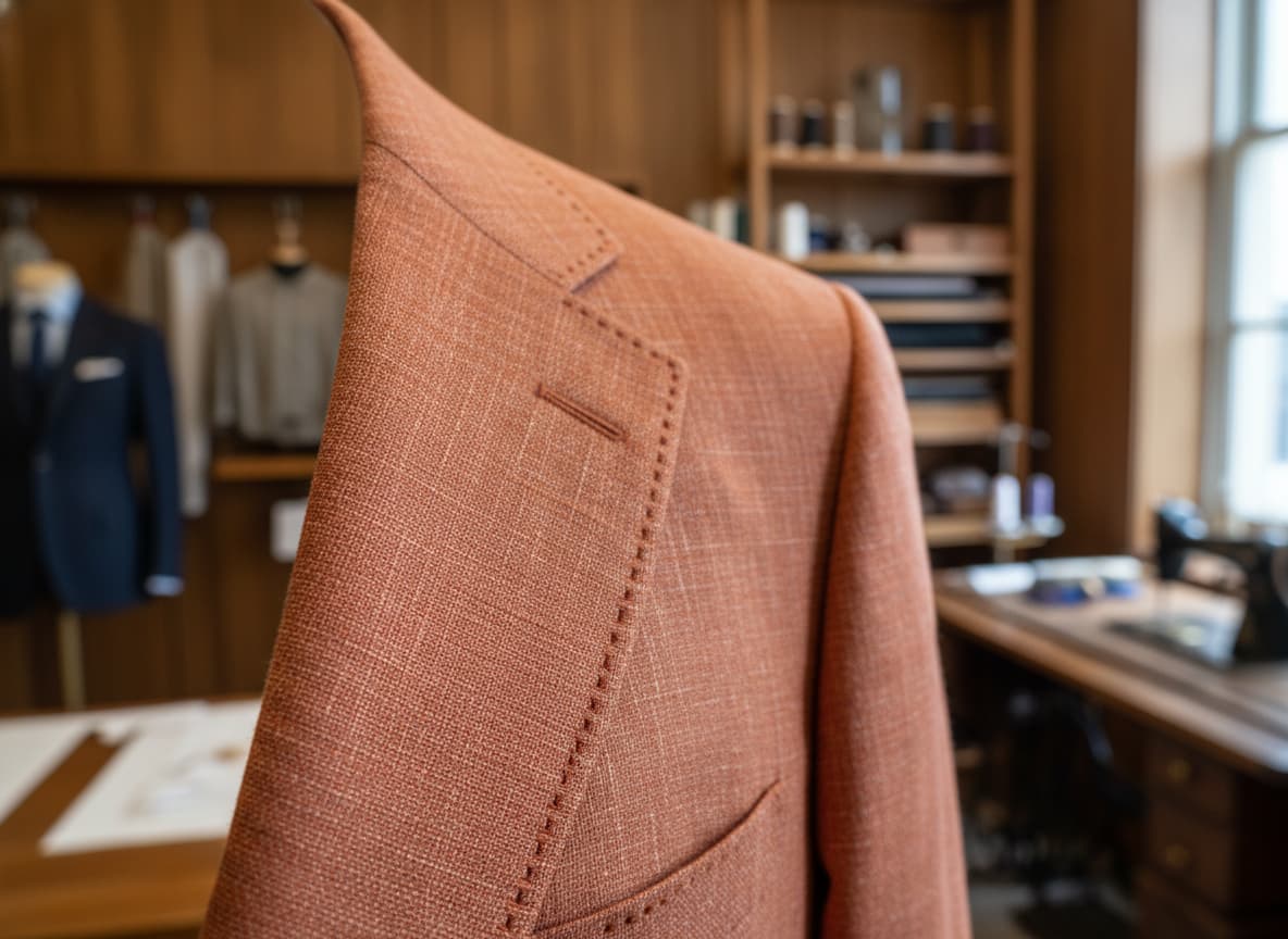 Gros plan sur une veste de costume terracotta en lin et laine, texture visible et coutures fines du revers, arrière-plan flou d'atelier de tailleur.