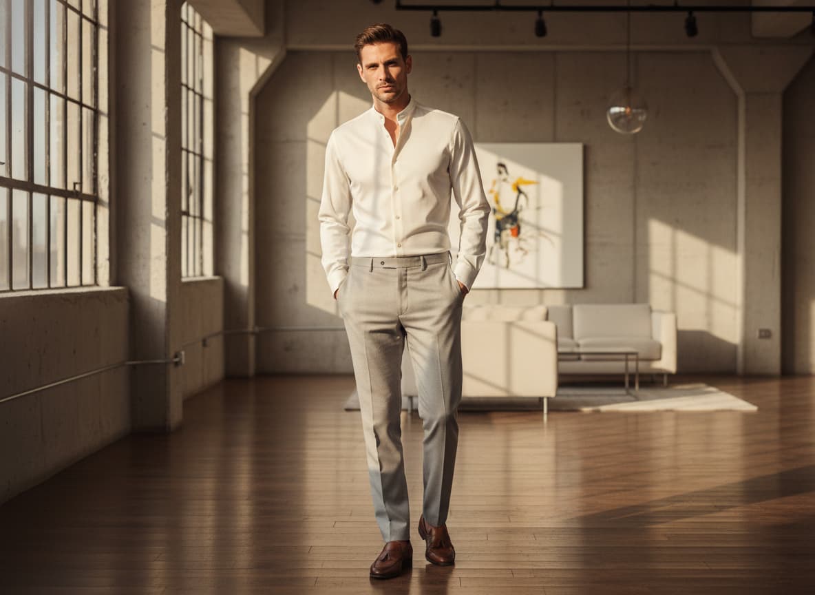 Chemise boutonnée en popeline stretch de couleur crème, col Mao, portée sans cravate dans un loft minimaliste éclairé par une lumière chaude.