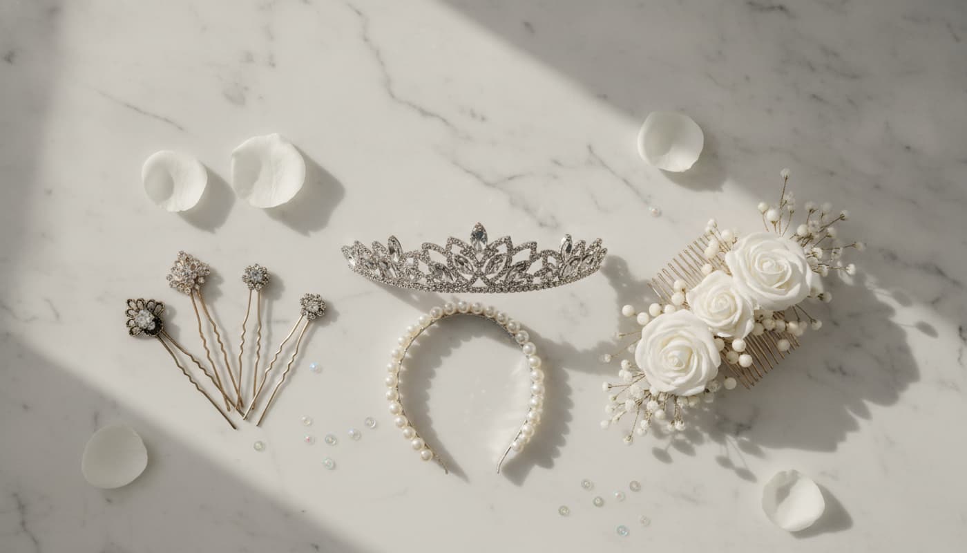 Une tiare en cristal, un serre-tête en perles, des épingles vintage et un peigne floral disposés sur un plan en marbre sous une lumière douce.