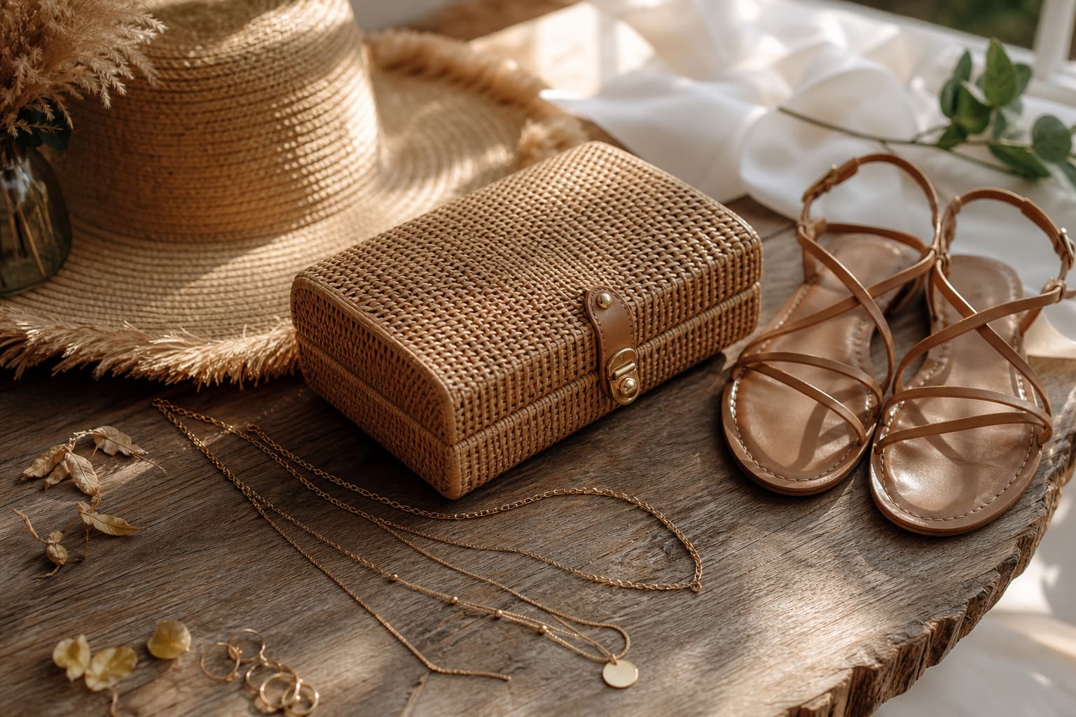 Pochette en rotin, bijoux dorés, sandales en cuir et chapeau de paille disposés sur une table en bois rustique éclairée par une lumière naturelle.