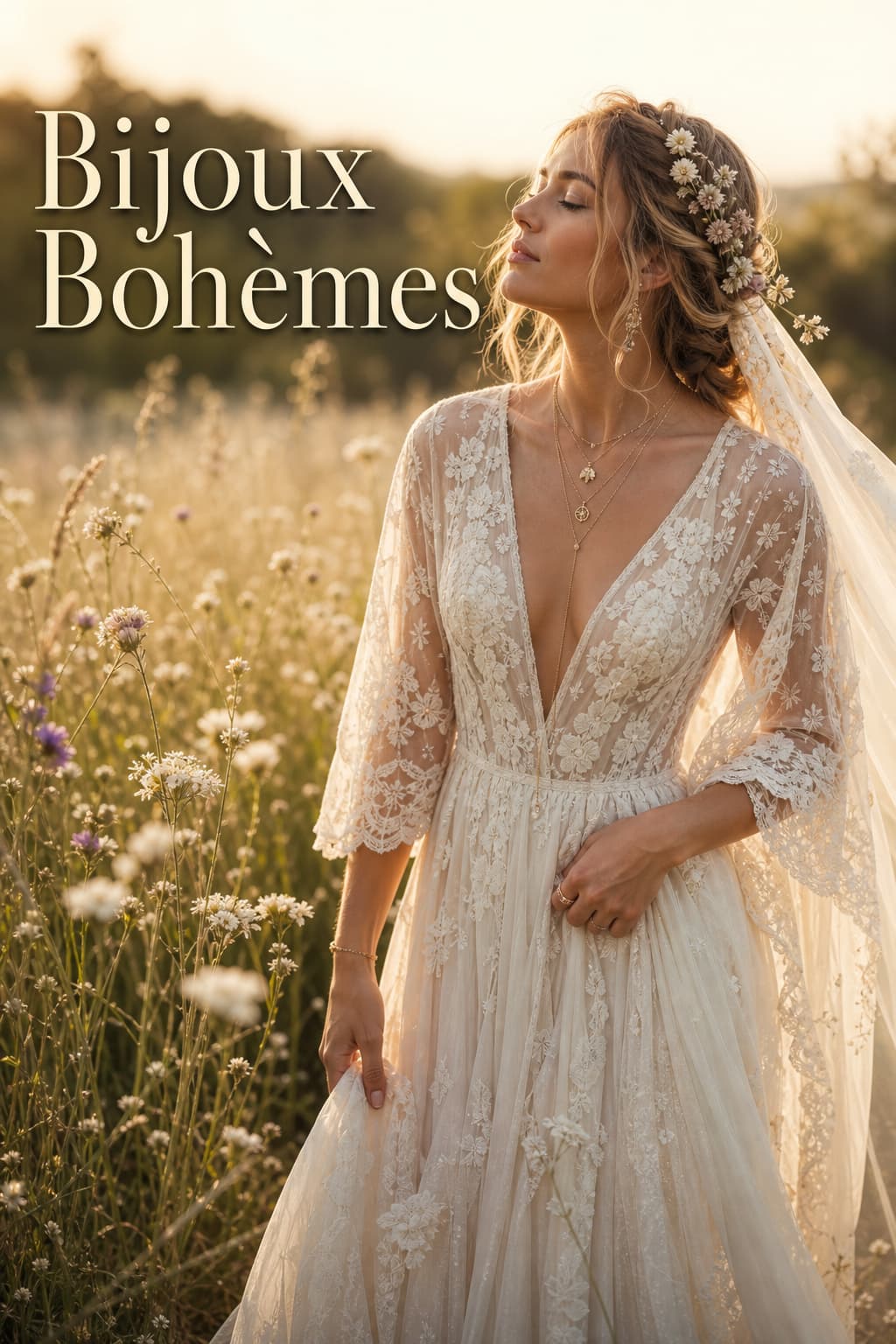Une mariée en robe de mariée en dentelle bohème avec des colliers dorés superposés et des accessoires floraux, debout dans une prairie de fleurs sauvages éclairée par la lumière dorée du soleil, le texte