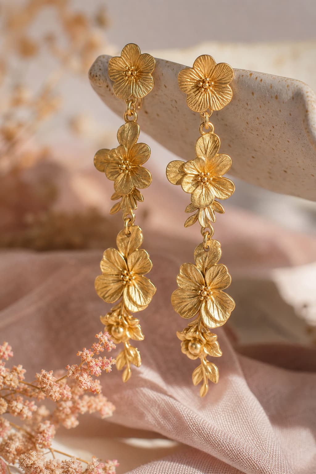 Gros plan de boucles d’oreilles pendantes fleuries en laiton doré avec gravures de pétales délicates, suspendues à un petit plat en céramique rustique, sur fond pastel doux, lumière naturelle créant des ombres légères.