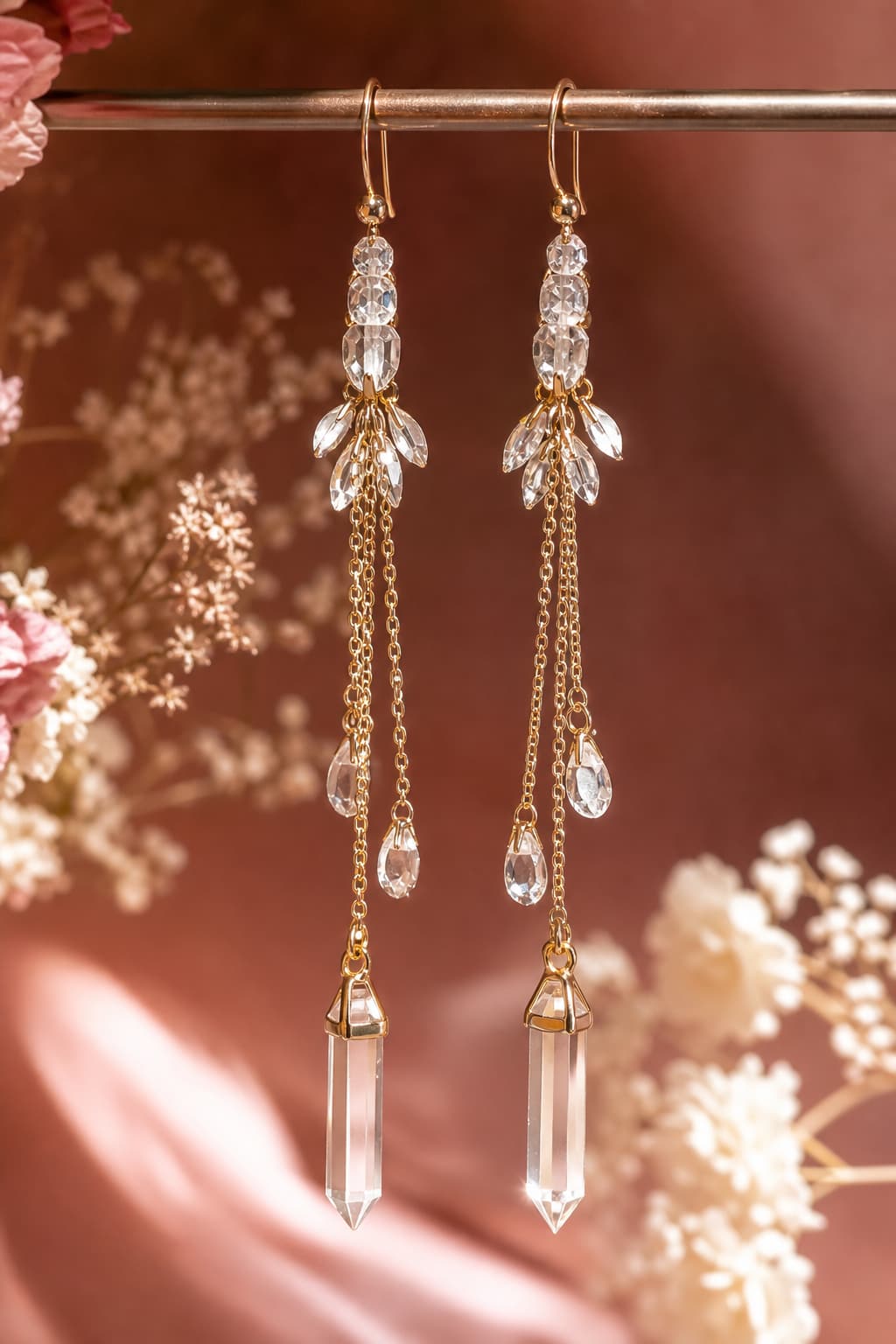Boucles d’oreilles pendantes aux cristaux de quartz clairs et chaînes en or suspendues sur un fond rose poudré, illuminées par un éclairage contrasté qui fait scintiller leurs reflets.