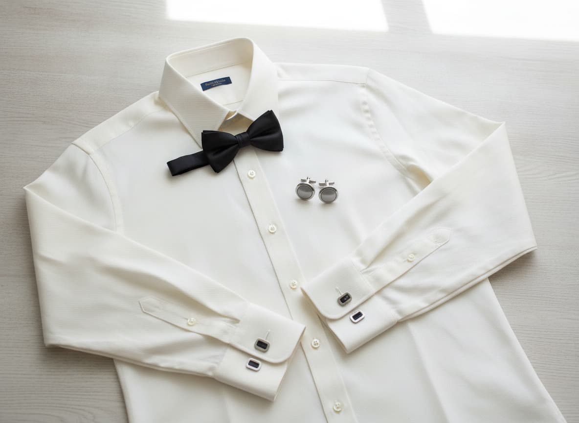 Chemise de mariage ivoire à col cassé disposée à plat sur une surface en bois clair, avec un nœud papillon noir et des boutons de manchette argentés, éclairage naturel lumineux.