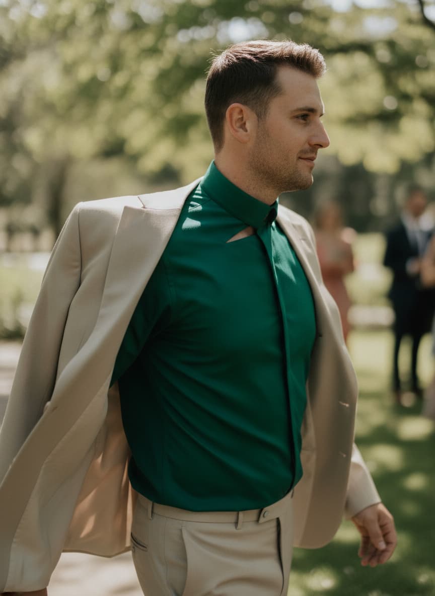 Un homme de profil portant une veste de costume beige ajustée légèrement ouverte sur une chemise vert émeraude à manches courtes au col original, dans une lumière naturelle éclatante.