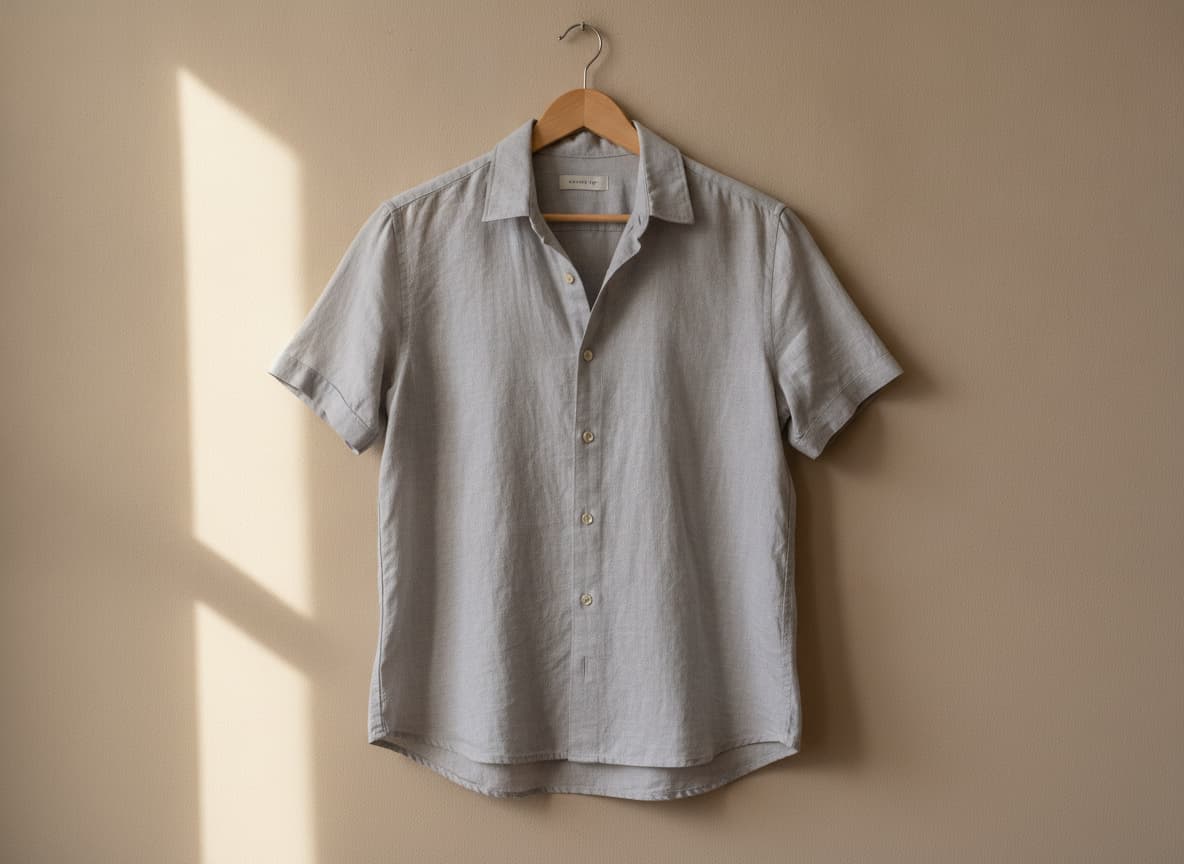 Une chemise à manches courtes gris pâle suspendue à un cintre en bois minimaliste contre un mur beige chaud, éclairée par une lumière naturelle douce.