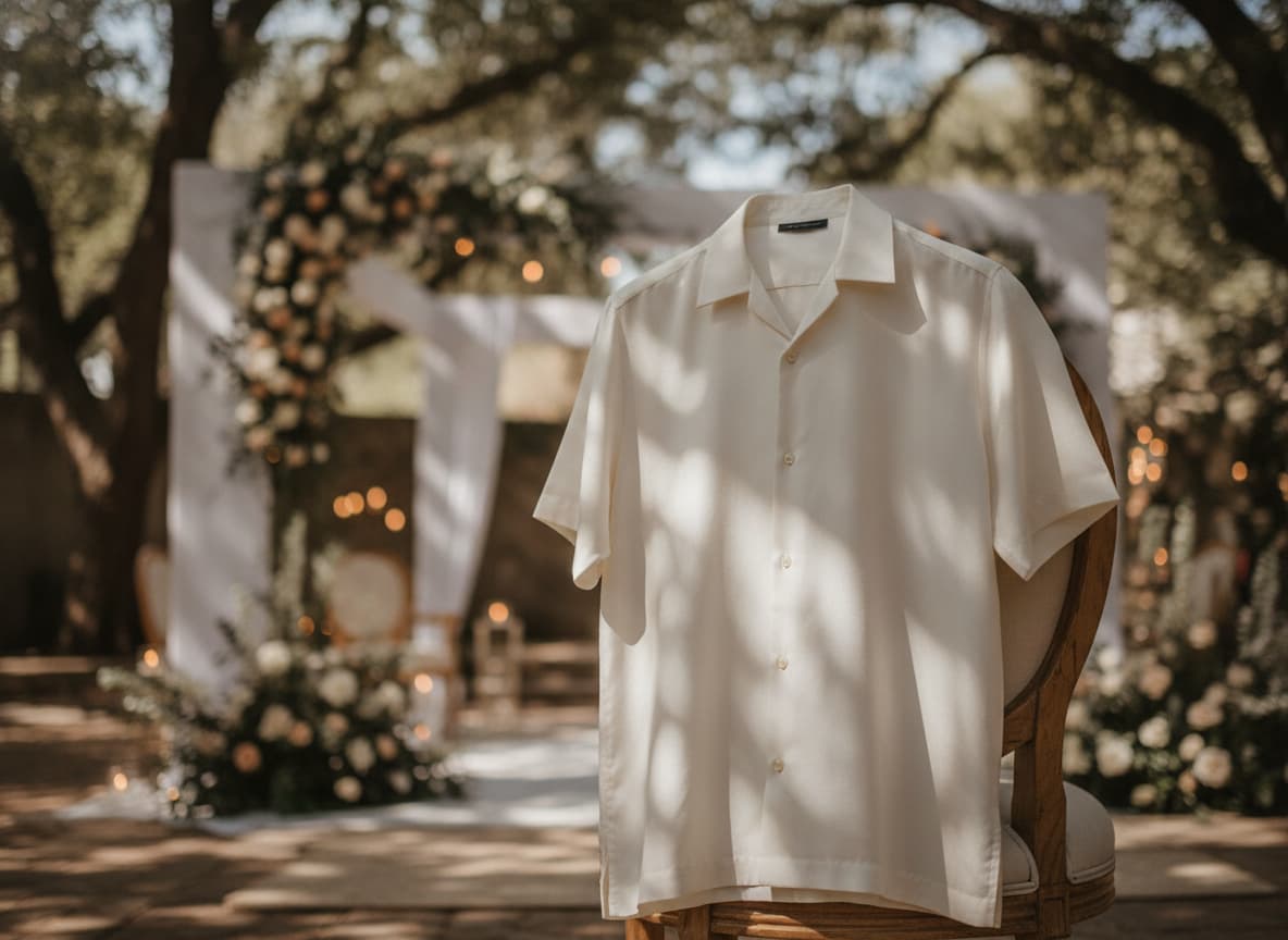 Une chemise à manches courtes en soie et coton ivoire drapée sur une chaise en bois dans un lieu de mariage en extérieur éclairé par le soleil filtrant à travers les arbres.