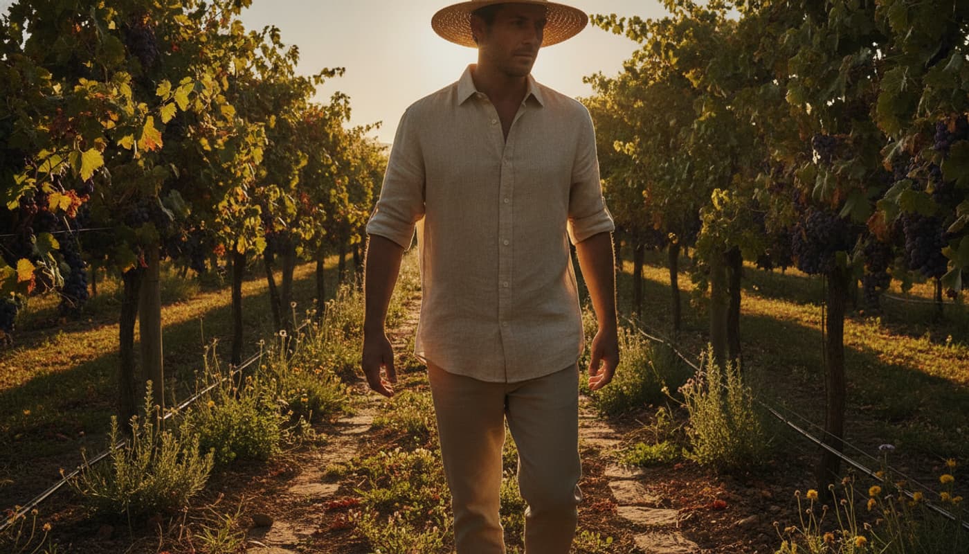 Homme portant une chemise en lin beige à manches courtes aux poignets roulés, marchant dans un vignoble baigné de lumière dorée, avec une texture de tissu froissé visible.
