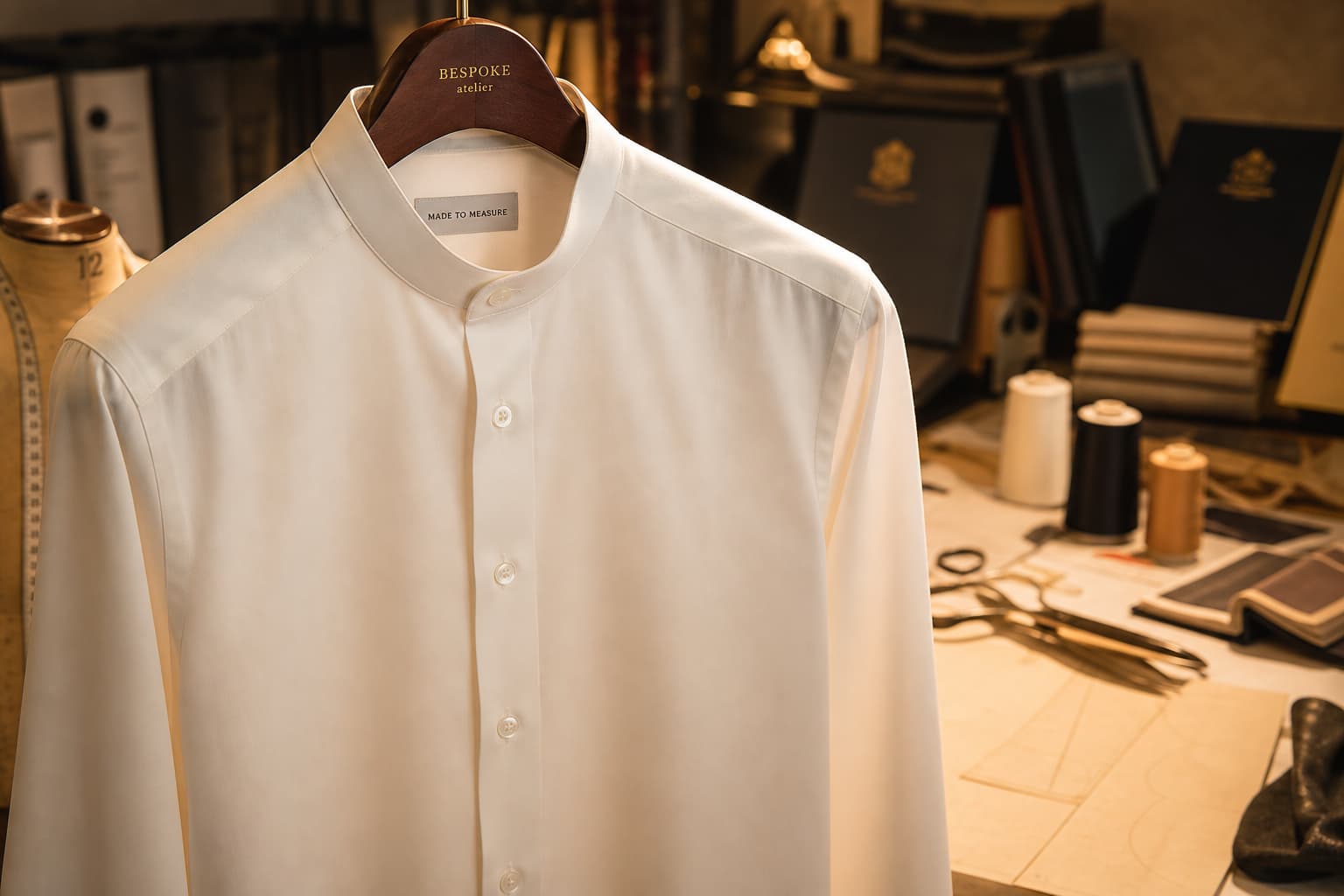 Chemise de mariage ivoire en coton égyptien à col grand-père suspendue à un cintre en bois, dans un atelier de tailleur éclairé d