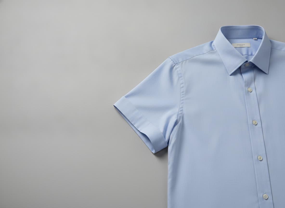 Chemise habillée en popeline bleu clair à manches courtes posée à plat sur fond gris clair, mise au point sur le col et l