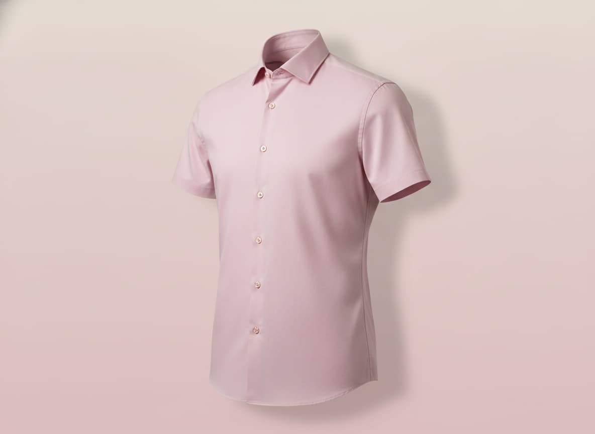 Chemise à manches courtes rose pastel avec col italien, présentée de trois-quarts sur un fond dégradé.