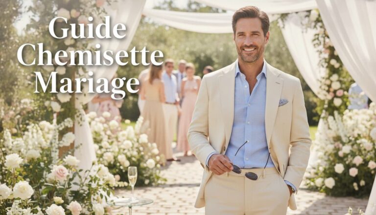 Un homme souriant en costume beige et chemisette bleu clair tient des lunettes de soleil devant un jardin fleuri ensoleillé, avec le texte Guide Chemisette Mariage superposé.