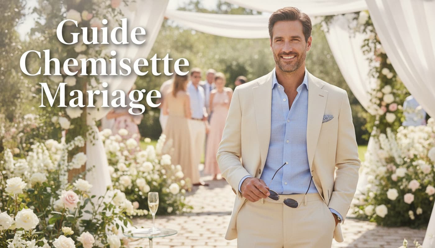 Un homme souriant en costume beige et chemisette bleu clair tient des lunettes de soleil devant un jardin fleuri ensoleillé, avec le texte Guide Chemisette Mariage superposé.
