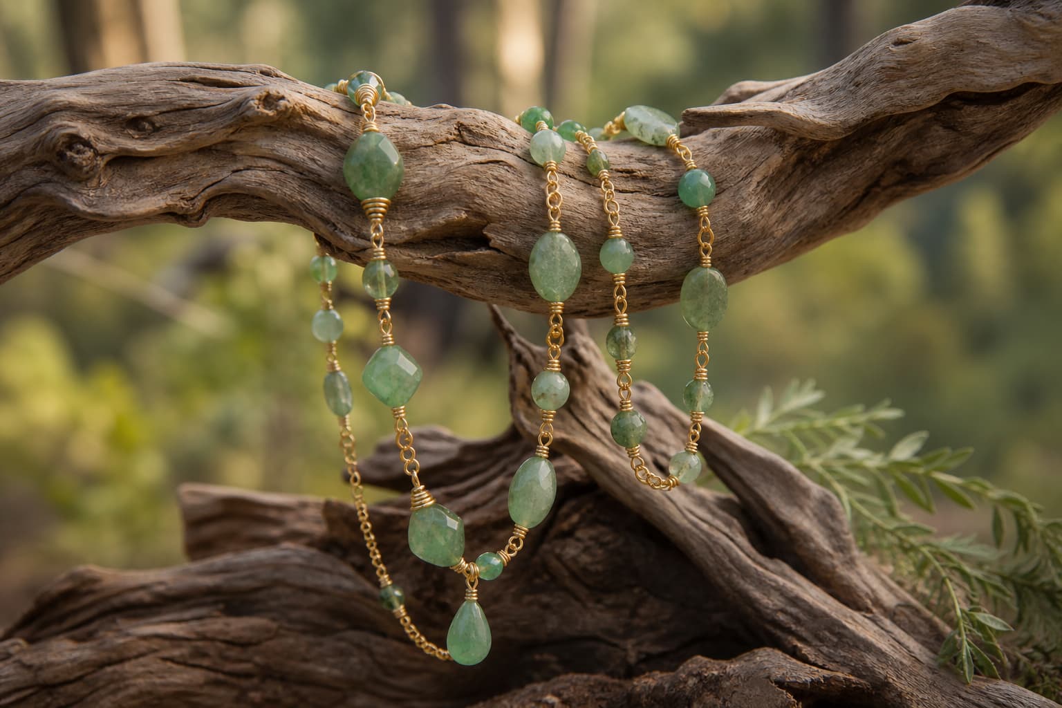 Collier de perles d’aventurine verte et fil doré drapé sur du bois flotté avec un arrière-plan forestier flou.