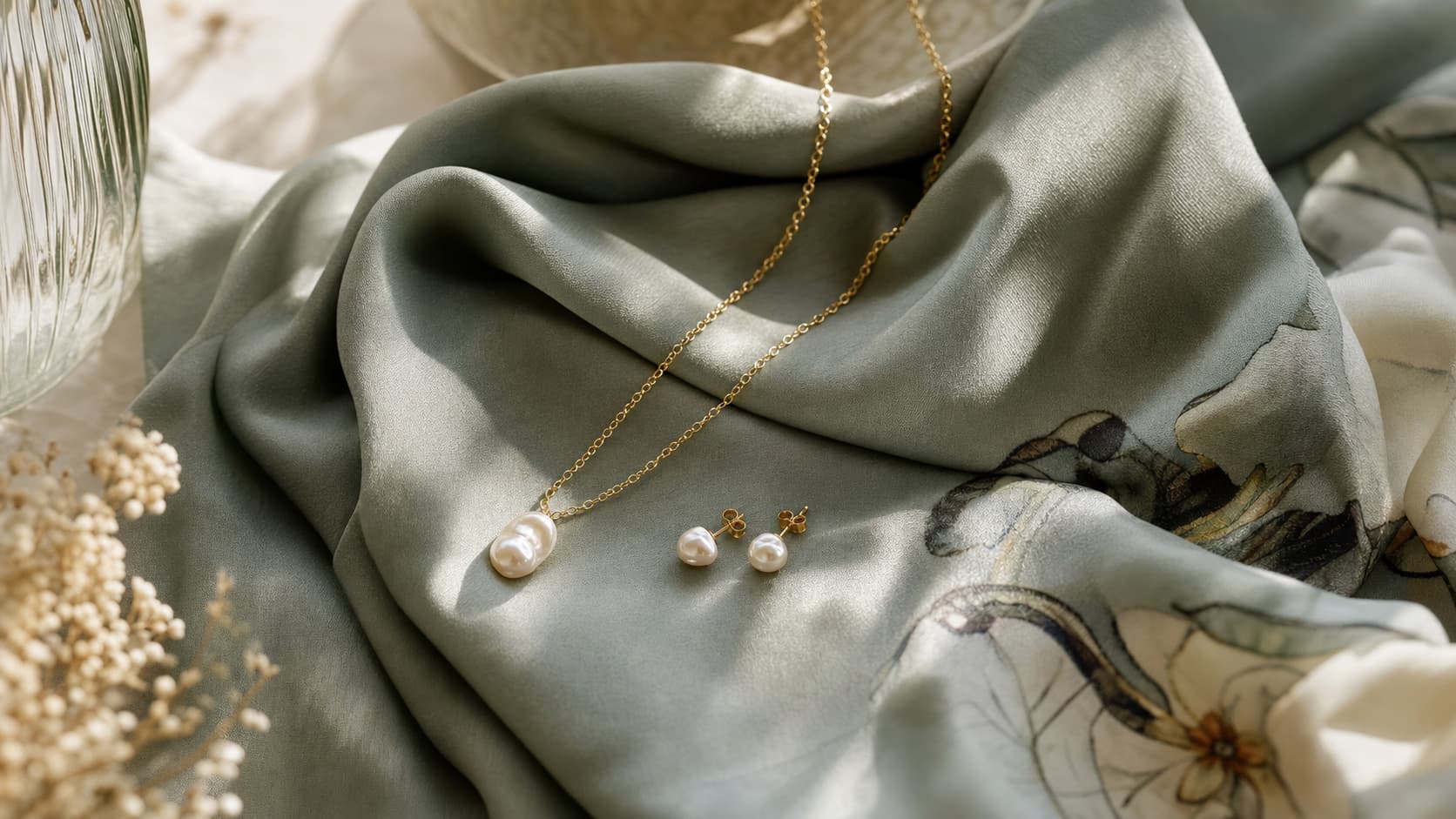 Collier fin en or avec pendentif en perle baroque et petites boucles d’oreilles assorties, posés sur un foulard en soie vert sauge, dans une lumière naturelle douce et romantique.