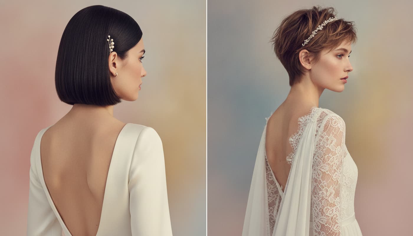 Deux mariées vues de dos et de profil portant des coiffures courtes, l’une avec un carré lisse et un peigne à perles, l’autre avec une coupe pixie texturée et un bandeau à cristaux, élégantes robes de mariée sous un éclairage doux.