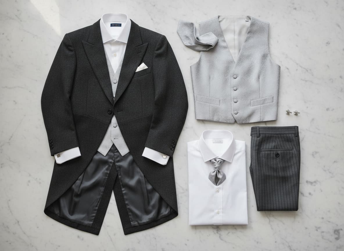 Agencement sophistiqué sur marbre poli présentant une jaquette grise en laine, un pantalon rayé gris soigneusement roulé, un gilet croisé gris perle, une chemise blanche à col cassé et un ascot en soie délicatement drapé, sous une lumière naturelle douce.