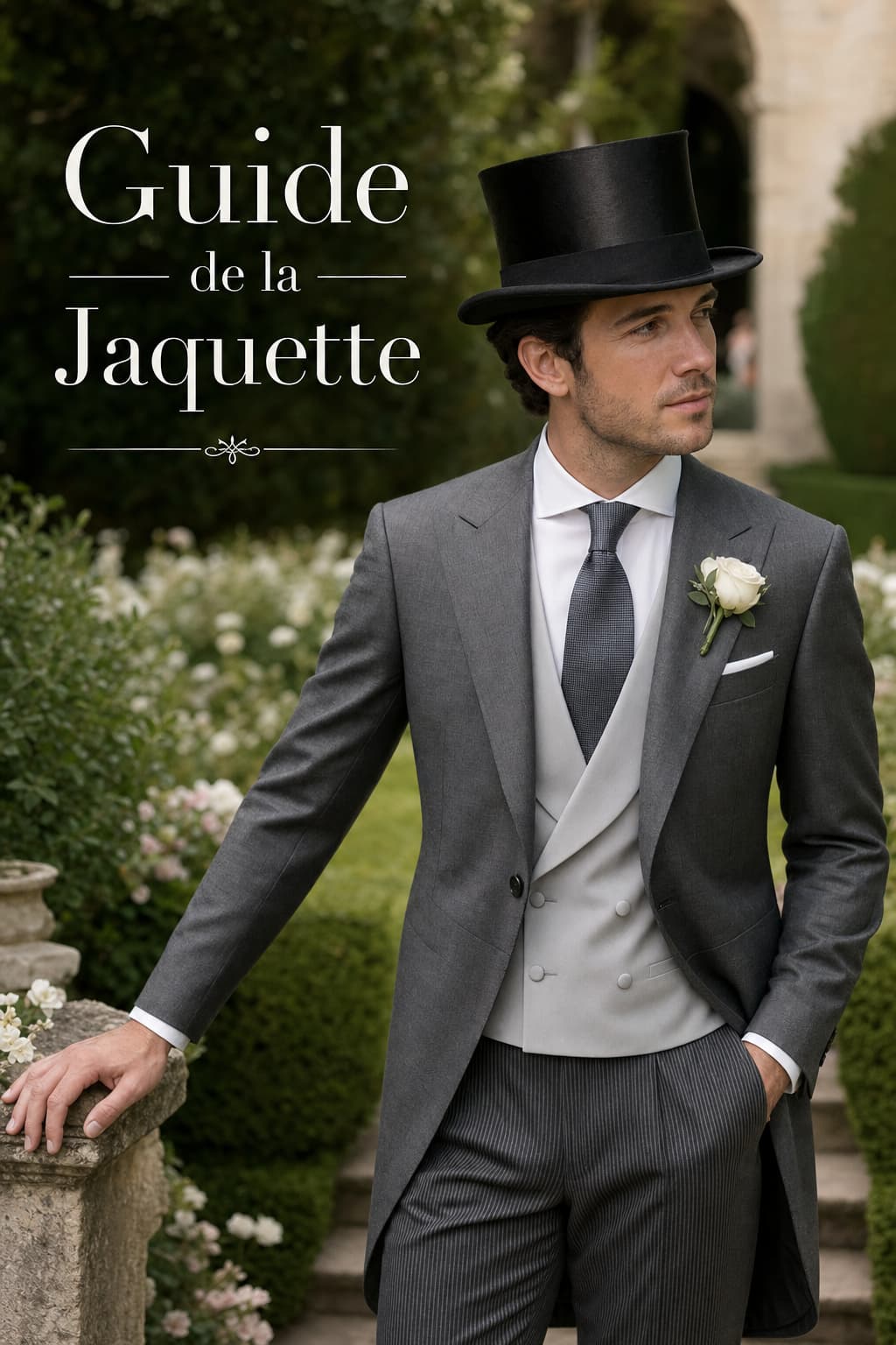 Un marié en jaquette grise classique, pantalon rayé et haut-de-forme, debout dans un jardin de mariage luxuriant, baigné d