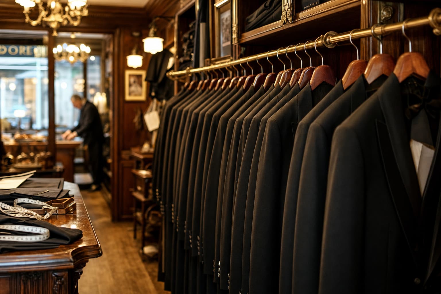 Rangées de jaquettes et de smokings sur cintres en bois dans une boutique de tailleur classique à l