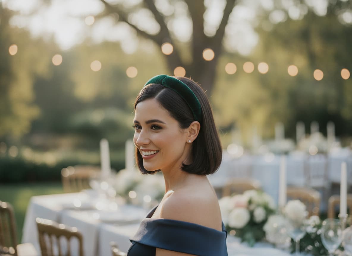 Une invitée de mariage portant un bandeau en velours vert émeraude sourit doucement dans un jardin illuminé par des guirlandes.
