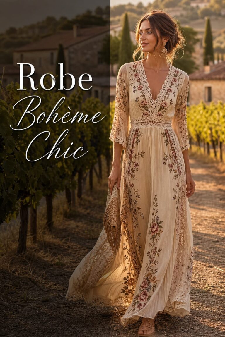 Invitée en robe bohème chic à broderies délicates et silhouette fluide se promenant dans un vignoble ensoleillé, avec le texte 'Robe Bohème Chic' superposé sur un fond sombre semi-transparent.