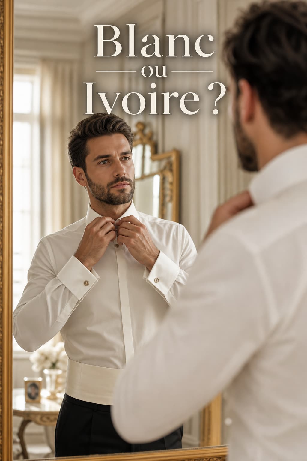 Un jeune marié ajuste sa chemise de mariage ivoire élégante devant un miroir dans un dressing lumineux, avec le texte superposé
