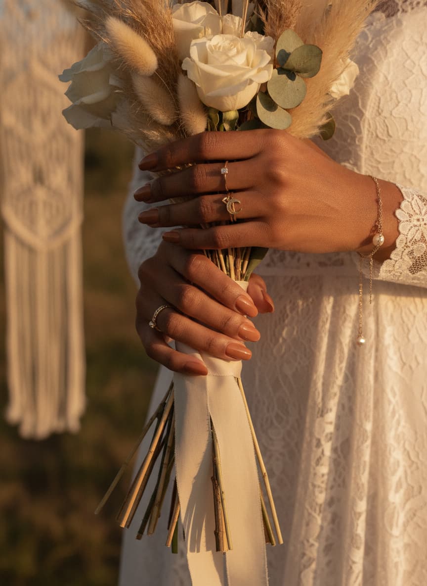 Des mains de mariée à la peau foncée présentent une manucure caramel glacé brillante, ornées de bijoux en or délicats sous une lumière chaude de fin de journée.
