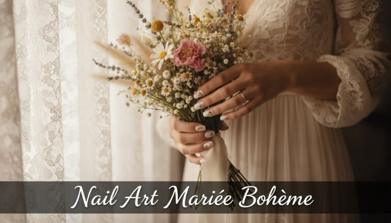 Les mains d'une mariée tenant un bouquet de fleurs sauvages mettent en valeur un nail art bohème avec des détails de fleurs séchées, baignées par une lumière naturelle douce près d'un rideau en dentelle.