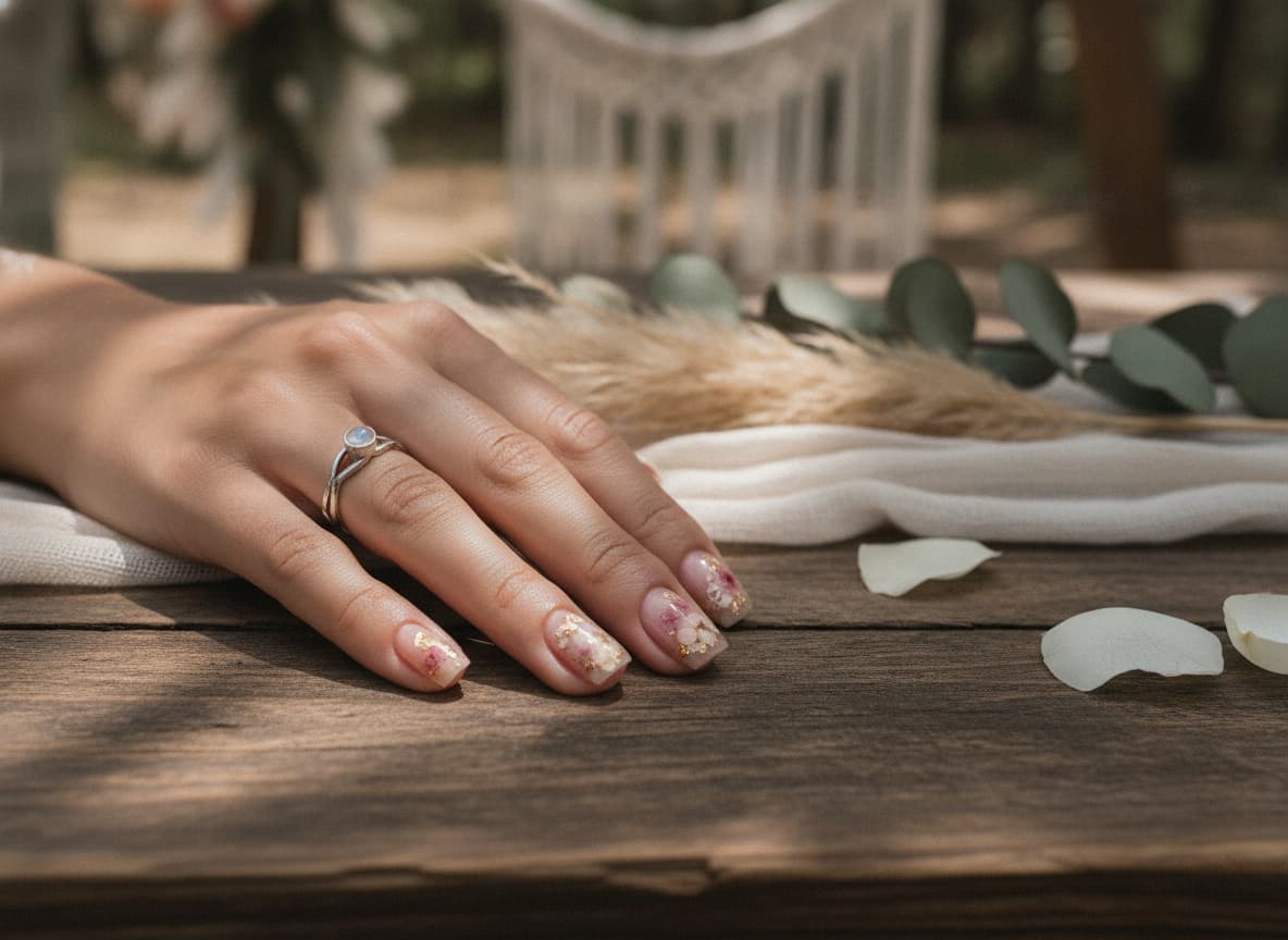 Main de mariée posée sur du bois rustique avec une manucure nude ornée de micro-fleurs séchées encapsulées.