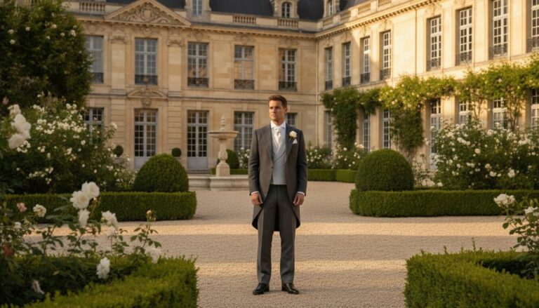 Un marié élégant en jaquette grise à queue-de-pie, gilet croisé, chemise à col cassé et cravate ascot, debout dans la cour d'un château français avec architecture en pierre et haies taillées, baigné de lumière dorée de fin de journée.