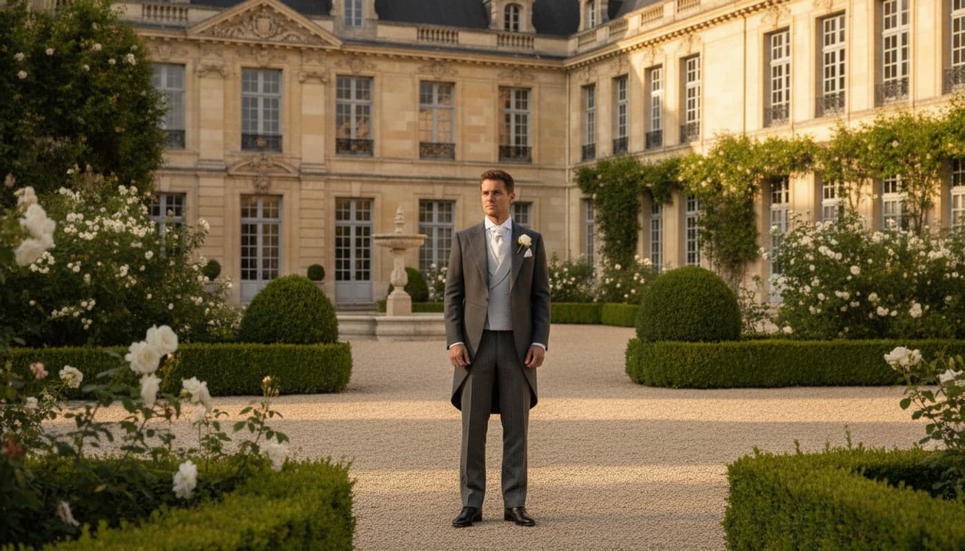 Un marié élégant en jaquette grise à queue-de-pie, gilet croisé, chemise à col cassé et cravate ascot, debout dans la cour d
