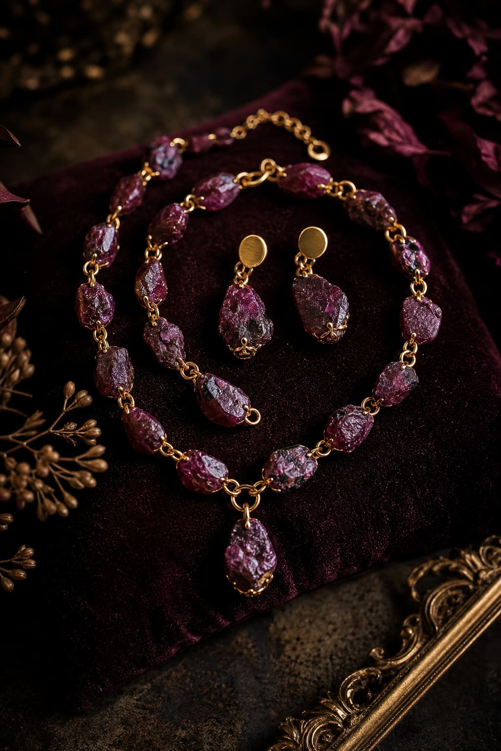 Parure de bijoux bohèmes en perles brutes de Bourgogne et maillons en laiton doré, présentée sur un coussin de velours sombre sous un éclairage dramatique.
