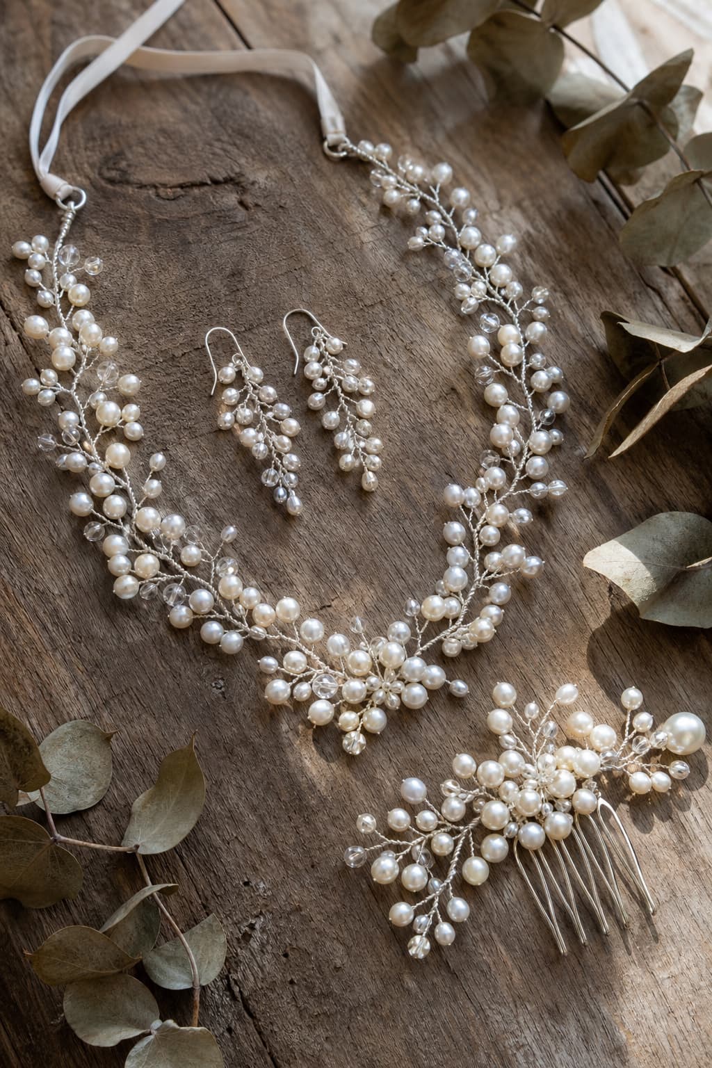 Vue aérienne d’une parure de mariage champêtre en perles d’eau douce blanches et fil d’argent, disposée sur une planche en bois vieilli avec des feuilles d’eucalyptus séchées, éclairée par la lumière naturelle d’une fenêtre.