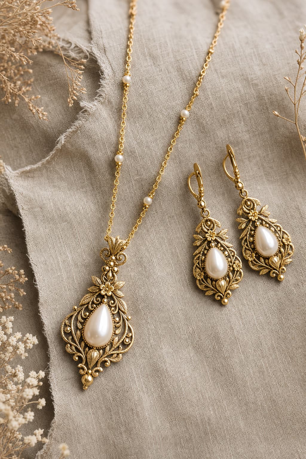 Un collier en or avec un pendentif en perle et des boucles d’oreilles assorties reposent sur un tissu en lin brut.