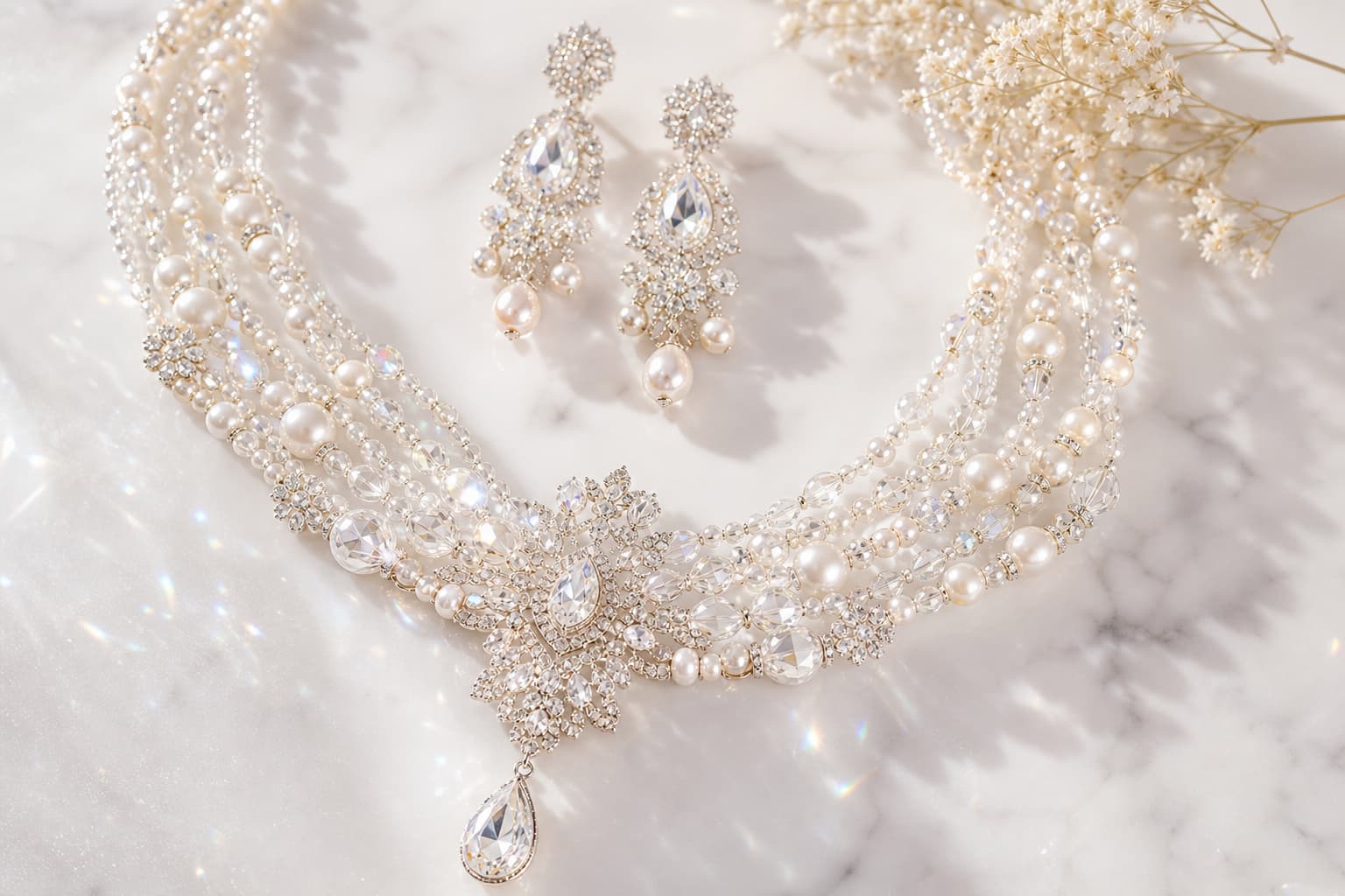 Collier à plusieurs rangs et boucles d’oreilles pendantes en perles de cristal, posés sur un marbre blanc, captant la lumière avec des reflets prismatiques.