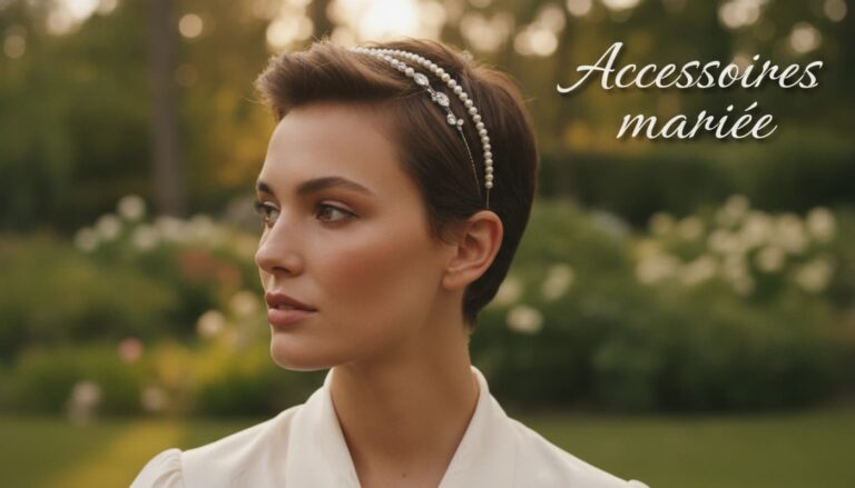 Mariée avec une coupe pixie portant un serre-tête de perles et des épingles en cristal, avec le texte Accessoires mariée superposé.