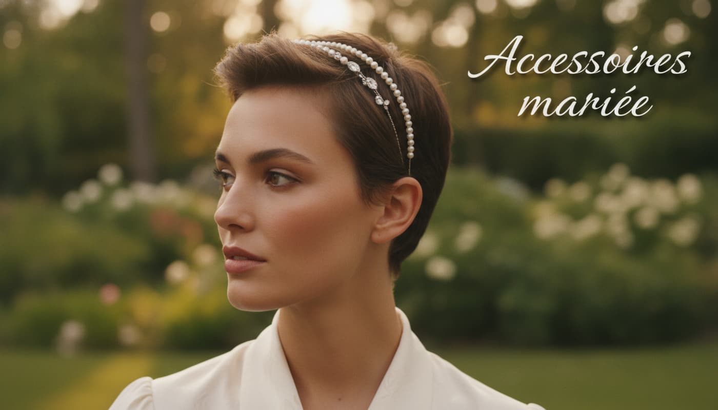 Mariée avec une coupe pixie portant un serre-tête de perles et des épingles en cristal, avec le texte Accessoires mariée superposé.