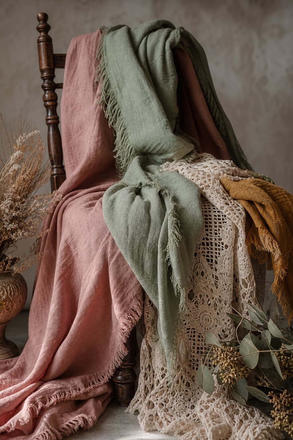 Tissus drapés en lin, coton et crochet dans des tons bohèmes (rose poudré, vert sauge, ocre, crème) élégamment disposés sur une chaise en bois vintage, avec un éclairage doux mettant en valeur les textures et l