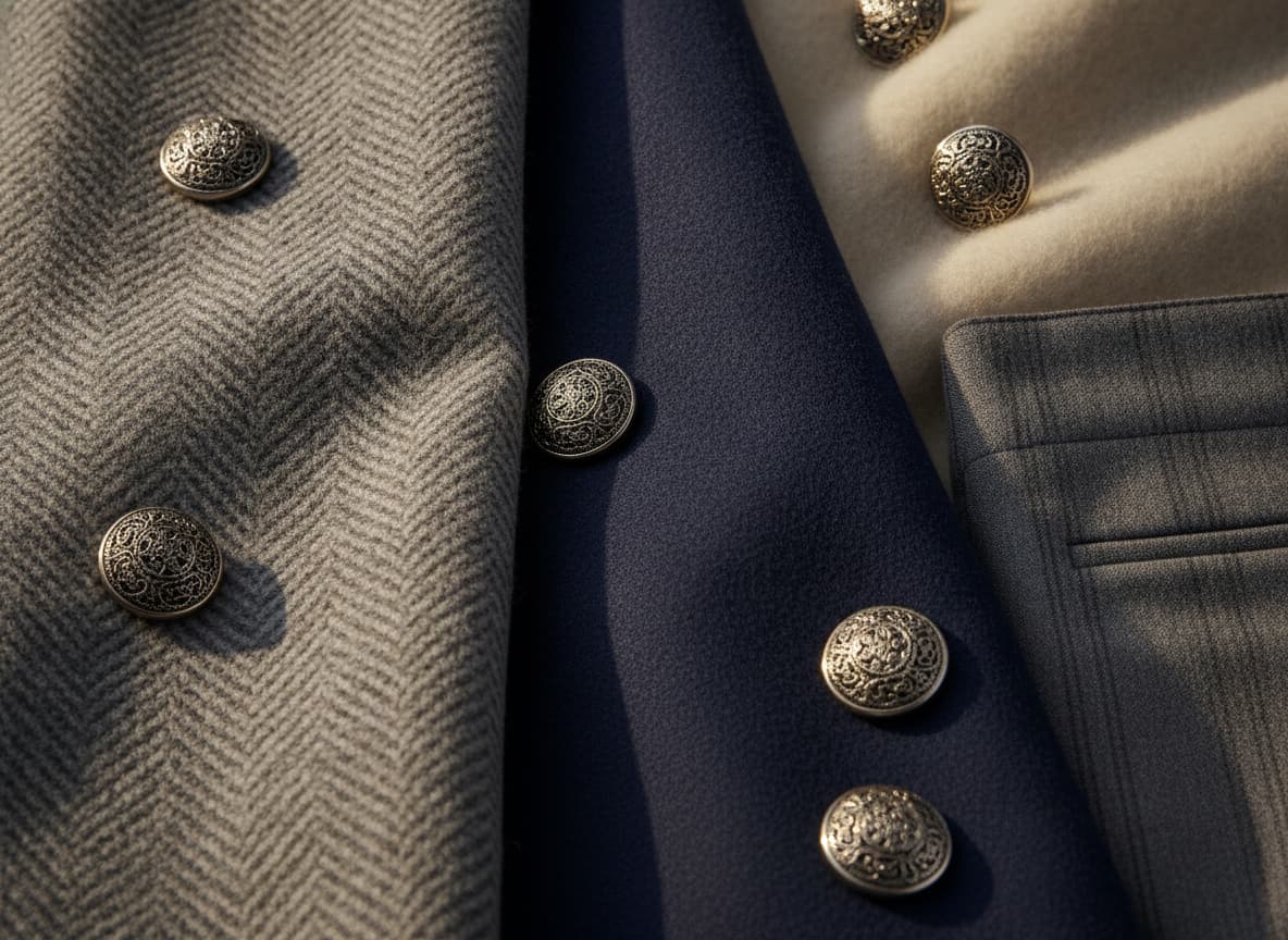 Gros plan sur des échantillons de tissus en laine de luxe aux tons gris perle et bleu marine, avec des boutons argentés anciens et un échantillon de pantalon à rayures gris, éclairage latéral chaud mettant en valeur les textures.